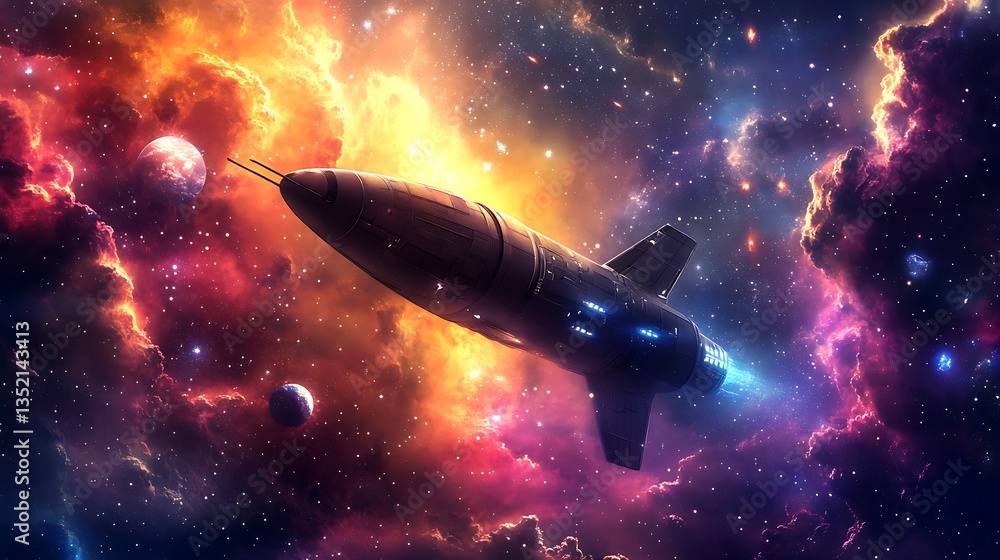 Poster a vibrant astronomical scene with a colorful nebula and a spaceship exploring the cosmic landscape