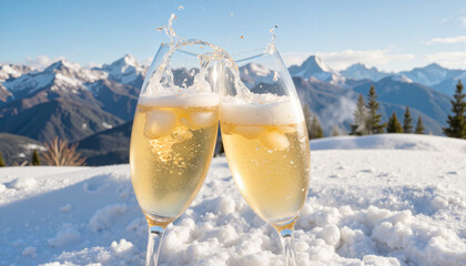 Cheers with champagne glasses in snowy mountains, winter celebration
