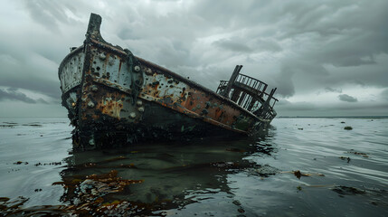 Desolate Shipwreck: Nature Reclaims a Decaying Vessel in Coastal Waters