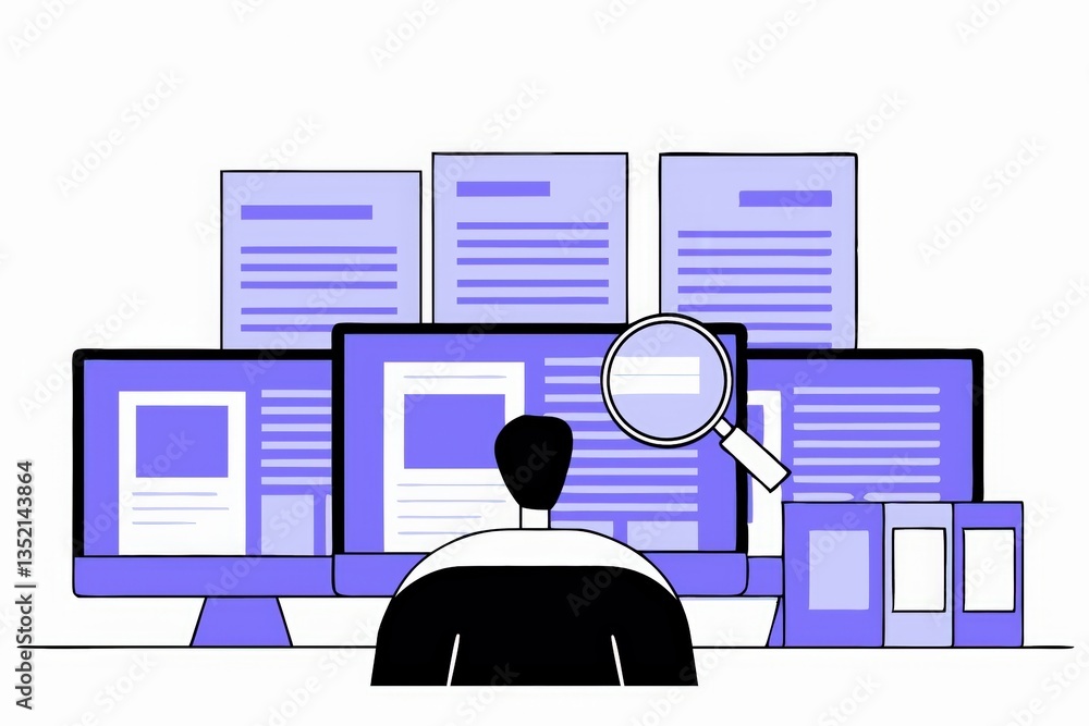 Poster a person analyzes multiple screens displaying documents and content, with a magnifying glass emphasi
