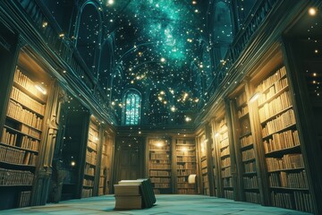 A mystical library features a starry ceiling filled with books