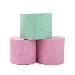 Stack of colorful toilet paper rolls isolated on white