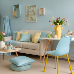 The interior design of a spring living room features a sofa, furniture, tulips-adorned vase, easter decorations, pillows, and personal accessories, perfect for home decor during Easter holidays.