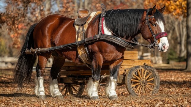A majestic draft horse pulling a wooden cart through a rural farm road.