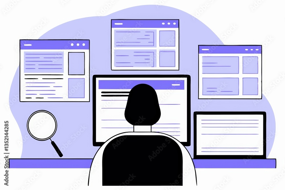Poster a person sits at a desk surrounded by multiple computer screens displaying various web pages, creati