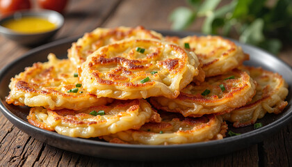 Close-up of crispy rösti on rustic plate, culinary delight