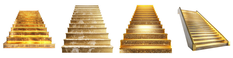 Shimmering golden stairs isolated on transparent background. PNG , Set of