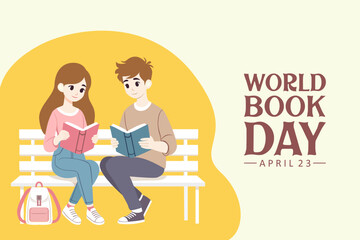 World Book Day illustration with  two people reading on a park bench.