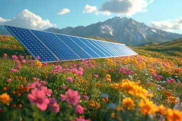 Solar panels amidst vibrant wildflowers in a mountainous landscape
