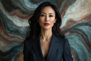 A confident Asian woman in a pinstripe blazer poses against an abstract background.