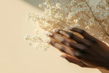 A dark-skinned hand gently rests on delicate, dried white flowers, bathed in soft sunlight.