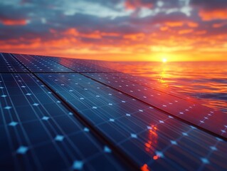 Solar panels at sunset reflecting on water