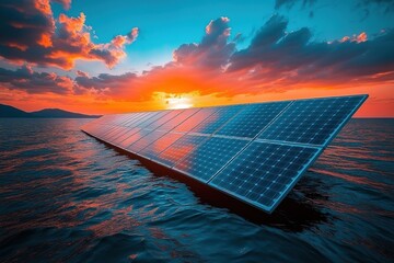 Solar panels float on calm water at sunset, reflecting vibrant colors