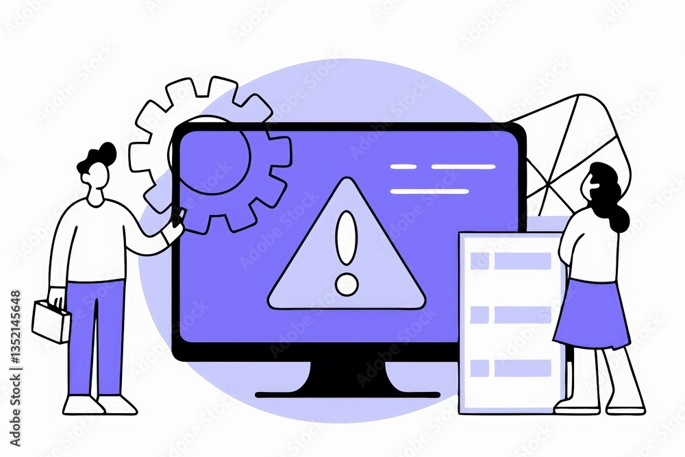 Poster illustration depicting two people interacting with a computer screen showing a warning sign, symboli