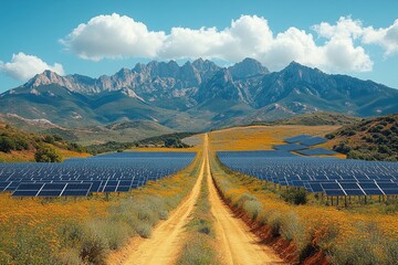 Solar panels stretch across a field, leading towards majestic mountains under a vibrant sky