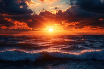 Fototapeta premium The sun shines bright over a wavy ocean scene