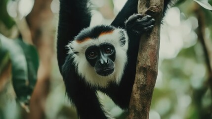 Obraz premium A mischievous monkey hanging upside down from a tree branch, looking directly at the camera.