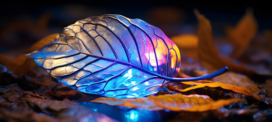 an extremely detailed study of a chrome leaf standing in a psychedelic landscape, ai generative