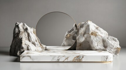 Modern Minimalist Marble Display Platform With Rocks