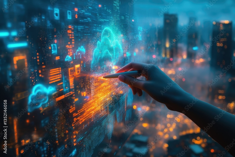 Aufkleber A hand interacts with a futuristic digital interface displaying data streams and cloud computing concepts.