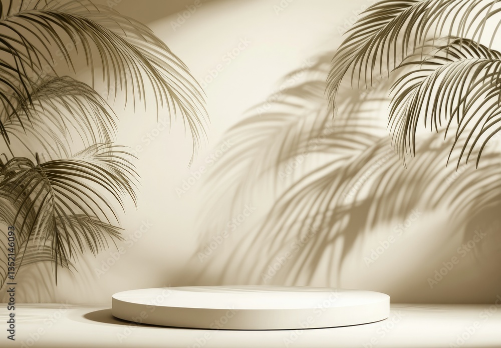 Poster a serene display featuring a circular platform surrounded by lush green palm leaves. set against a s