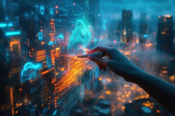A hand interacts with a futuristic digital interface displaying data streams and cloud computing concepts.