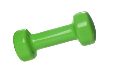 One green dumbbell isolated on white. Sports equipment