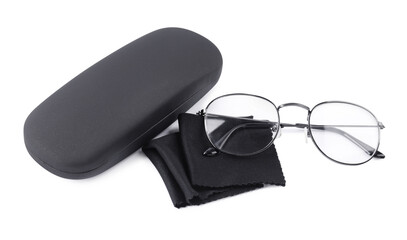One black case, glasses and lens cloth isolated on white