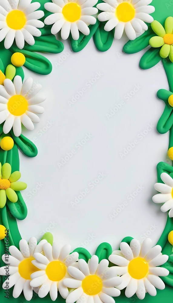 Poster a delightful frame adorned with lively daisies in white and yellow, set against a fresh green backgr
