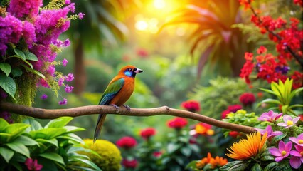 Bird on a branch in lush tropical garden, surrounded by vibrant greenery and colorful flowers, forest, nature