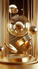 Golden objects and spheres float in a decorative artistic composition