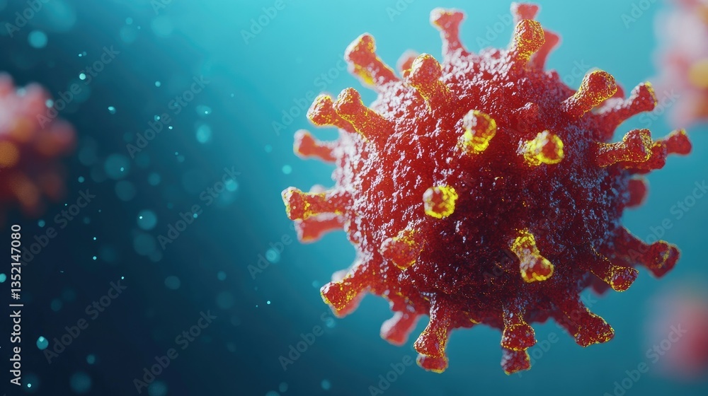 Poster close-up view of a vibrant. detailed virus structure. showcasing spikes and surface texture. with a 
