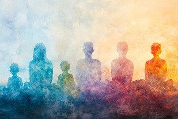 Naklejka premium Multigenerational meditation with colorful auras illustrating harmony and balance