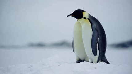 Naklejka premium A pair of emperor penguins standing together on an icy shoreline.