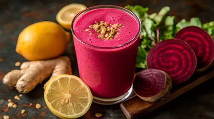 A vibrant red detox drink combining beet and lemon with a touch of ginger, known for its detoxifying effects and high antioxidant content