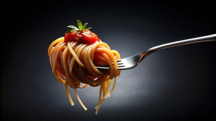 Long strand of spaghetti curled around a fork on a dark, sleek black background with a rich red tomato sauce splattered across the surface, mealtime, close-up