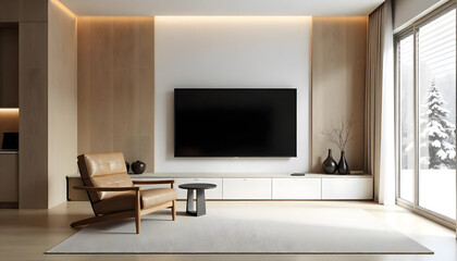 A modern living room interior design with white and wooden built-in tv cabinet with armchair.