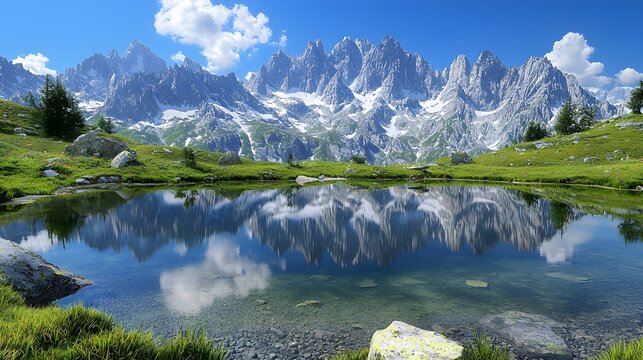 Stunning mountain lake surrounded by snow-capped mountains perfectly reflecting in the calm waters of nature