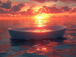 Sunset ocean view, bathtub floats serenely on calm waters, reflecting vibrant hues