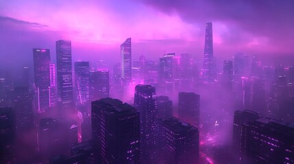 Futuristic Skyline of a City in Abstract Neon Colors at Dusk