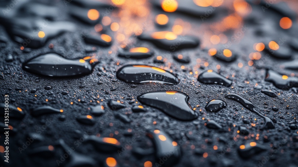 Poster a macro view of a textured surface featuring water droplets, displaying intricate designs and reflec