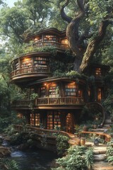 Treetop library, nestled among lush foliage, overlooks a tranquil stream
