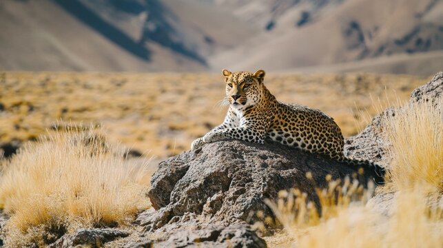 A Persian leopard resting on a high rock, its patterned fur blending into the dry terrain.