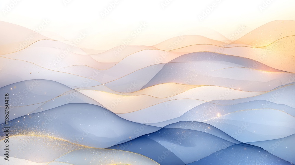 Poster a dynamic abstract design with undulating waves of blue, gold, and white, adorned with shimmering te