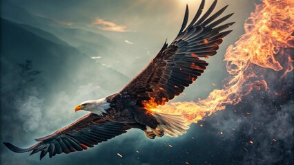 "An artistic, surreal representation of an eagle with flames in its wings, symbolizing power and rebirth."
