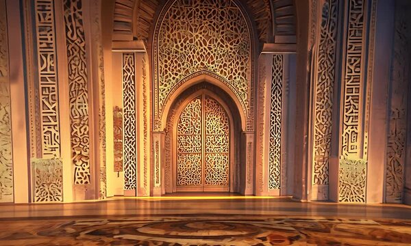 Ornate palace entrance, intricate carvings, warm light, marble floor, background suggesting opulent interior; ideal for fantasy, historical, or architectural projects