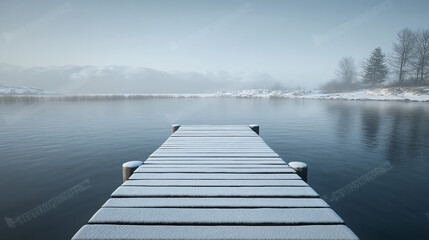 Fototapeta premium Snowy wooden pier extending onto a calm lake on a hazy winter morning