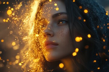 Woman's face, illuminated by golden sparkles, contemplative expression