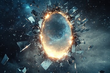 A glowing oval portal shattering in a cosmic starry space