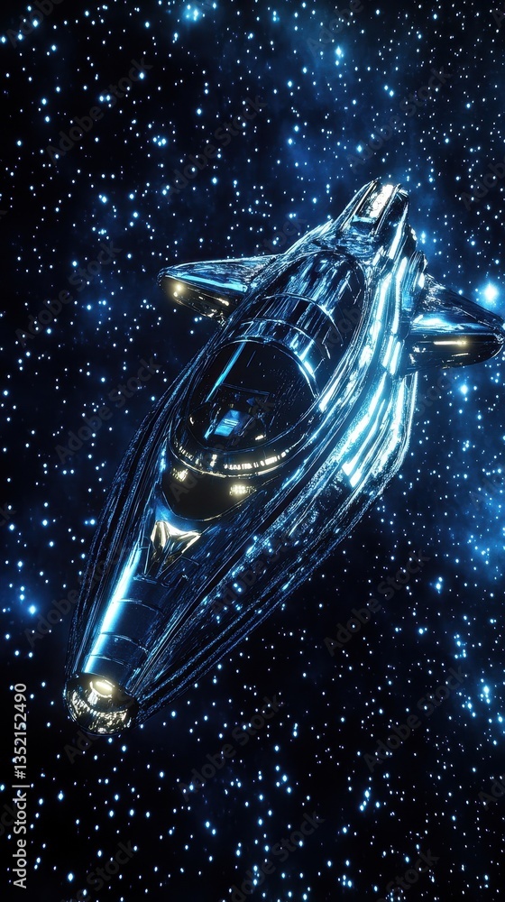 Poster a shiny futuristic spaceship traveling through a starry outer space field